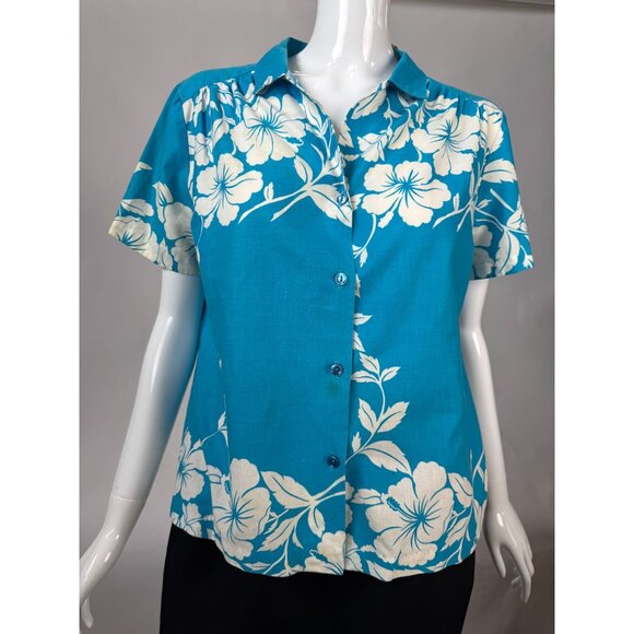 Hilo Hattie Womens Hawaiian Floral Button-Up Shirt Medium Teal & White 100% Cott - Picture 9 of 16